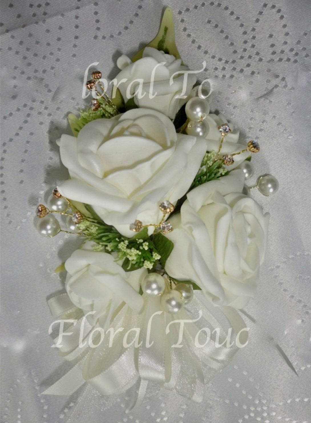 Ivory Rose & Gold Diamante Corsage 
